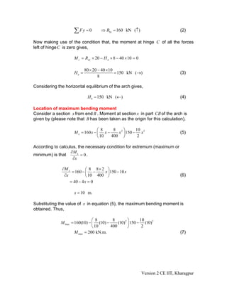 0 160 kN ( )byFy R= ⇒ =∑ ↑ (2)
Now making use of the condition that, the moment at hinge C of all the forces
left of hingeC is zero gives,
01040820 =×−×−×= aayc HRM
80 20 40 10
150 kN ( )
8
aH
× − ×
= = → (3)
Considering the horizontal equilibrium of the arch gives,
150 kN ( )bH = ← (4)
Location of maximum bending moment
Consider a section x from end B . Moment at section x in part CBof the arch is
given by (please note that B has been taken as the origin for this calculation),
28 8 10
160 150
10 400 2
x
2
M x x x
⎛ ⎞
= − − −⎜ ⎟
⎝ ⎠
x (5)
According to calculus, the necessary condition for extremum (maximum or
minimum) is that 0xM
x
∂
=
∂
.
8 8 2
160 150 10
10 400
40 4 0
xM
x x
x
x
∂ ×⎛ ⎞
= − − −⎜ ⎟
∂ ⎝ ⎠
= − =
(6)
10 m.x =
Substituting the value of x in equation (5), the maximum bending moment is
obtained. Thus,
2 2
max
8 8 10
160(10) (10) (10) 150 (10)
10 400 2
M
⎛ ⎞
= − − −⎜ ⎟
⎝ ⎠
max 200 kN.m.M = (7)
Version 2 CE IIT, Kharagpur
 