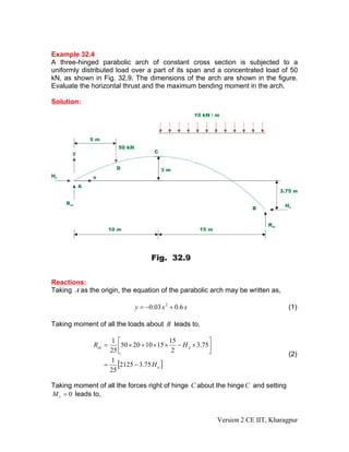 Example 32.4
A three-hinged parabolic arch of constant cross section is subjected to a
uniformly distributed load over a part of its span and a concentrated load of 50
kN, as shown in Fig. 32.9. The dimensions of the arch are shown in the figure.
Evaluate the horizontal thrust and the maximum bending moment in the arch.
Solution:
Reactions:
Taking A as the origin, the equation of the parabolic arch may be written as,
xxy 6.003.0 2
+−= (1)
Taking moment of all the loads about B leads to,
[ ]a
aay
H
HR
75.32125
25
1
75.3
2
15
15102050
25
1
−=
⎥⎦
⎤
⎢⎣
⎡
×−××+×=
(2)
Taking moment of all the forces right of hinge C about the hingeC and setting
leads to,0=cM
Version 2 CE IIT, Kharagpur
 