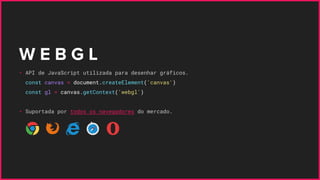 W E B G L
• API de JavaScript utilizada para desenhar gráficos.
const canvas = document.createElement('canvas')
const gl = canvas.getContext('webgl')
• Suportada por todos os navegadores do mercado.
 