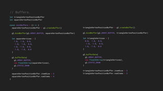 triangleVertexPositionBuffer = gl.createBuffer()
gl.bindBuffer(gl.ARRAY_BUFFER, triangleVertexPositionBuffer)
let triangleVertices = [
0.0, 1.0, 0.0,
-1.0, -1.0, 0.0,
1.0, -1.0, 0.0
]
gl.bufferData(
gl.ARRAY_BUFFER,
new Float32Array(triangleVertices),
gl.STATIC_DRAW
)
triangleVertexPositionBuffer.itemSize = 3
triangleVertexPositionBuffer.numItems = 3
// Buffers.
let triangleVertexPositionBuffer
let squareVertexPositionBuffer
const initBuffers = () => {
squareVertexPositionBuffer = gl.createBuffer()
gl.bindBuffer(gl.ARRAY_BUFFER, squareVertexPositionBuffer)
let squareVertices = [
1.0, 1.0, 0.0,
-1.0, 1.0, 0.0,
1.0, -1.0, 0.0,
-1.0, -1.0, 0.0
]
gl.bufferData(
gl.ARRAY_BUFFER,
new Float32Array(squareVertices),
gl.STATIC_DRAW
)
squareVertexPositionBuffer.itemSize = 3
squareVertexPositionBuffer.numItems = 4
}
 