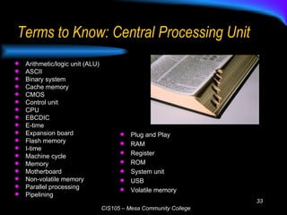 Terms to Know: Central Processing Unit Arithmetic/logic unit (ALU) ASCII Binary system Cache memory CMOS Control unit CPU EBCDIC E-time Expansion board Flash memory I-time Machine cycle Memory Motherboard Non-volatile memory Parallel processing Pipelining Plug and Play RAM Register ROM System unit USB Volatile memory 