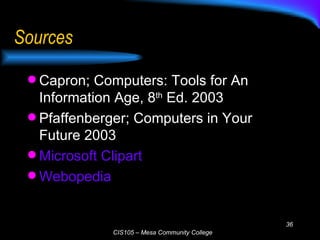 Sources Capron; Computers: Tools for An Information Age, 8 th  Ed. 2003 Pfaffenberger; Computers in Your Future 2003 Microsoft Clipart   Webopedia 