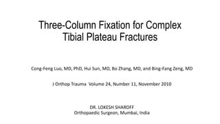 Three-Column Fixation for Complex
Tibial Plateau Fractures
Cong-Feng Luo, MD, PhD, Hui Sun, MD, Bo Zhang, MD, and Bing-Fang Zeng, MD
J Orthop Trauma Volume 24, Number 11, November 2010
DR. LOKESH SHAROFF
Orthopaedic Surgeon, Mumbai, India
 