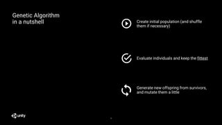Genetic Algorithm
in a nutshell Create initial population (and shuffle
them if necessary)
Evaluate individuals and keep the fittest
Generate new offspring from survivors,
and mutate them a little
15
 