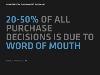HUMANS ARE EASILY CONVINCED BY HUMANS
20-50% OF ALL
PURCHASE
DECISIONS IS DUE TO
WORD OF MOUTH
SOURCE: MCKINSEY.COM
 