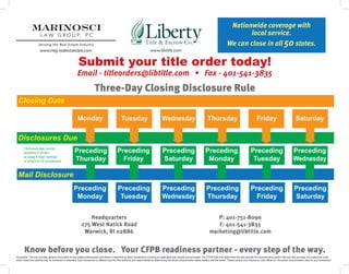 www.libtitle.comwww.mlg-realestatelaw.com
Know before you close. Your CFPB readiness partner - every step of the way.
Disclaimer: This tool provides general information to real estate professionals and others in determining when transactions involving an applicable loan maybe consummated. The CFPB Rule that determines the time periods for consummation used in this tool also provides circumstances under
which these time periods may be shortened or extended. Each transaction is different and the final authority and responsibility for determining the actual consummation dates resides with the lender. Please consult your Escrow or Loan officer for the actual consummation date for your transaction.
Headquarters
275 West Natick Road
Warwick, RI 02886
P: 401-751-8090
F: 401-541-3835
marketing@libtitle.com
Nationwide coverage with
local service.
We can close in all 50 states.
Three-Day Closing Disclosure Rule
Mail Disclosure
Preceding
Thursday
Preceding
Friday
Preceding
Saturday
Preceding
Monday
Preceding
Monday
Preceding
Tuesday
Preceding
Wednesday
Preceding
Thursday
Closing Date
Disclosures Due
Monday Tuesday Wednesday Thursday
Preceding
Friday
Preceding
Saturday
Friday Saturday
Preceding
Tuesday
Preceding
Wednesday
Submit your title order today!
Email - titleorders@libtitle.com • Fax - 401-541-3835
*Acknowledge receipt
deadline if lender
is using E-Sign method
or physical CD acceptance
 
