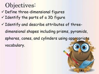 Objectives: 
 Define three-dimensional figures 
 Identify the parts of a 3D figure 
 Identify and describe attributes of three-dimensional 
shapes including prisms, pyramids, 
spheres, cones, and cylinders using appropriate 
vocabulary. 
 