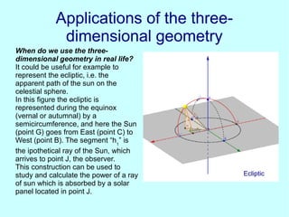 Applications of the three-Applications of the three-
dimensional geometrydimensional geometry
When do we use the three-
dimensional geometry in real life?
It could be useful for example to
represent the ecliptic, i.e. the
apparent path of the sun on the
celestial sphere.
In this figure the ecliptic is
represented during the equinox
(vernal or autumnal) by a
semicircumference, and here the Sun
(point G) goes from East (point C) to
West (point B). The segment “h1
” is
the ipothetical ray of the Sun, which
arrives to point J, the observer.
This construction can be used to
study and calculate the power of a ray
of sun which is absorbed by a solar
panel located in point J.
Ecliptic
 