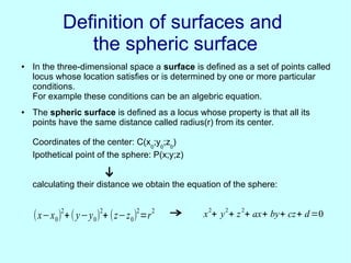 Definition of surfaces andDefinition of surfaces and
the spheric surfacethe spheric surface
● In the three-dimensional space a surface is defined as a set of points called
locus whose location satisfies or is determined by one or more particular
conditions.
For example these conditions can be an algebric equation.
● The spheric surface is defined as a locus whose property is that all its
points have the same distance called radius(r) from its center.
Coordinates of the center: C(x0
;y0
;z0
)
Ipothetical point of the sphere: P(x;y;z)
calculating their distance we obtain the equation of the sphere:
↓
(x−x0)
2
+(y−y0)
2
+ (z−z0)
2
=r
2
→ x
2
+ y
2
+ z
2
+ ax+ by+ cz+ d=0
 