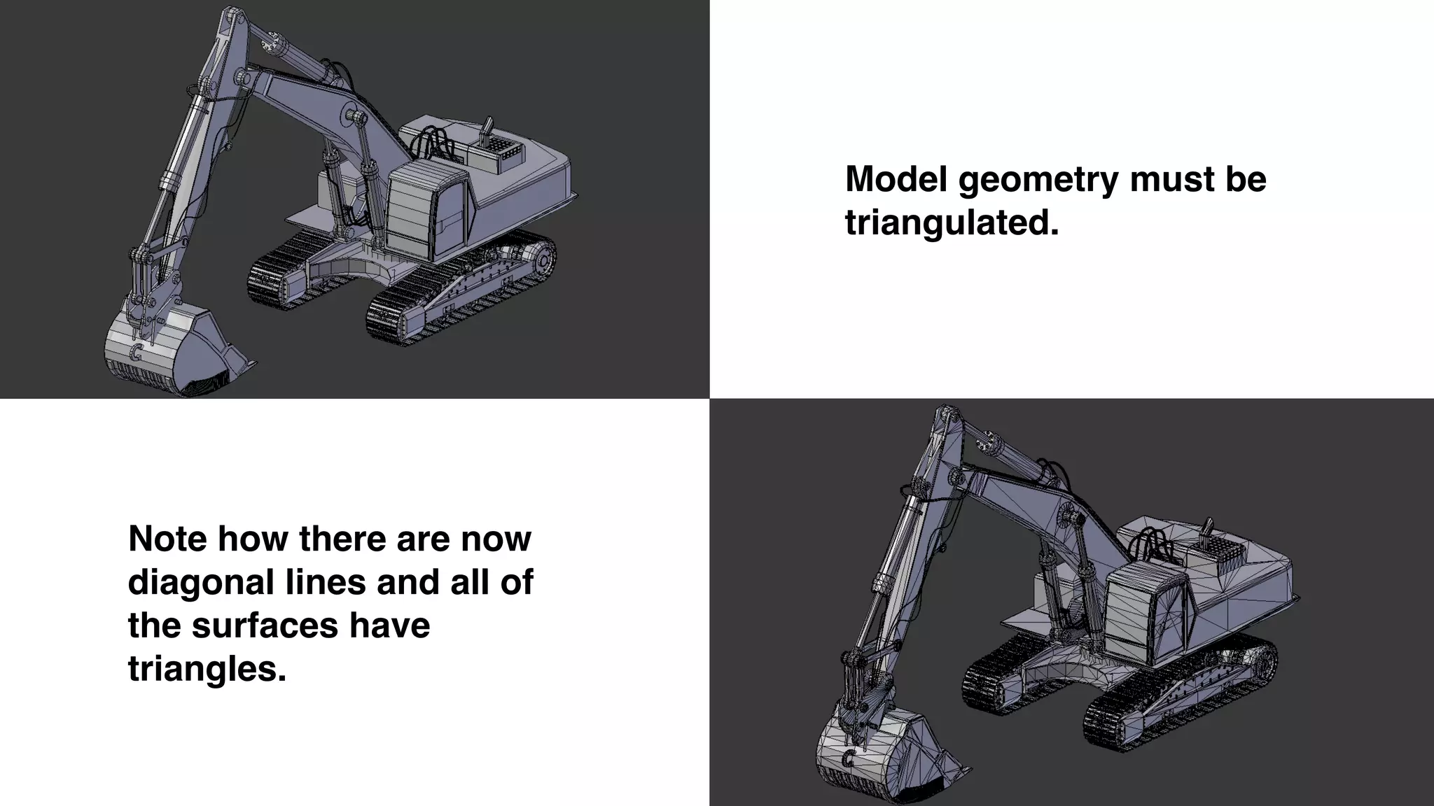 Model geometry must be
triangulated.
Note how there are now
diagonal lines and all of
the surfaces have
triangles.
 