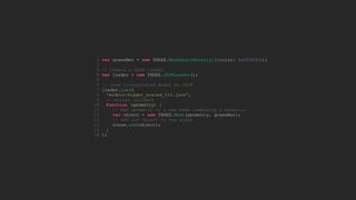 1 var greenMat = new THREE.MeshBasicMaterial({color: 0x00ff00});
2
3 // Create a JSON loader
4 var loader = new THREE.JSONLoader();
5
6 // Load triangulated model as JSON
7 loader.load(
8 'models/digger_scaled_tri.json',
9 // onLoad callback
10 function (geometry) {
11 // Add geometry to a new mesh combining a material
12 var object = new THREE.Mesh(geometry, greenMat);
13 // Add our object to the scene
14 scene.add(object);
15 }
16 );
 