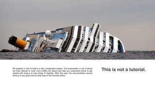 This is not a tutorial.3D graphics in and of itself is a very complicated subject. This presentation is not a tutorial
but does attempt to cover (very briefly) the basics and help you understand where to get
started with three.js & how things fit together. With that said- the documentation around
three.js is very good and it’s fairly easy to find tutorials online.
 