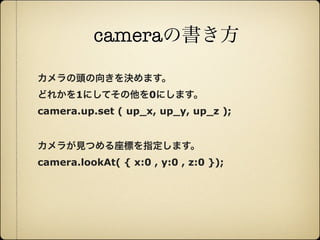 cameraの書き方

        カメラの頭の向きを決めます。
        どれかを1にしてその他を0にします。
        camera.up.set ( up_x, up_y, up_z );


        カメラが見つめる座標を指定します。
        camera.lookAt( { x:0 , y:0 , z:0 });




12年10月7日日曜日
 