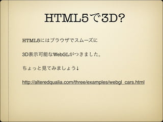 HTML5で3D?
          HTML5にはブラウザでスムーズに

          3D表示可能なWebGLがつきました。

          ちょっと見てみましょう↓

          http://alteredqualia.com/three/examples/webgl_cars.html




12年10月7日日曜日
 