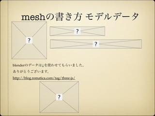 meshの書き方 モデルデータ



      blenderのデータは↓を使わせてもらいました。
      ありがとうございます。
      http://blog.romatica.com/tag/three-js/




12年10月7日日曜日
 