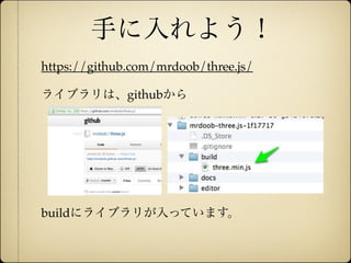 手に入れよう！
        https://github.com/mrdoob/three.js/

        ライブラリは、githubから




        buildにライブラリが入っています。



12年10月7日日曜日
 