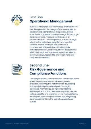 www.corporater.com
First Line
Operational Management
Second Line
Risk Governance and
Compliance Functions
Corporater | Business-Integrated GRC Page 3 of 4
Business-integrated GRC technology enables the first
line, the operational managers/process owners, to
establish and operationalize the policies, define
operational processes, actively manage risks through
risk assessments, measure key indicators of
performance, risk and compliance, ensure strategic
alignment of objectives, establish and monitor
controls, enable feedback and continuous
improvement, efficiently track incidents, take
remedial measures, and conduct self-assessments
within their business processes. It provides tools to
identify, analyze, respond to, and report risks and
loss/near-loss events.
The integrated GRC platform assists the second line in
governing and overseeing risk management
practices, including, but not limited to, developing
policies, defining and aligning with strategic
objectives, monitoring & compliance tracking,
digitizing direction from the Governing Body, such as
setting appetite and tolerance levels, methodologies,
techniques, roles & responsibilities, and integrating
risk management into the overall organizational
culture.
!
 