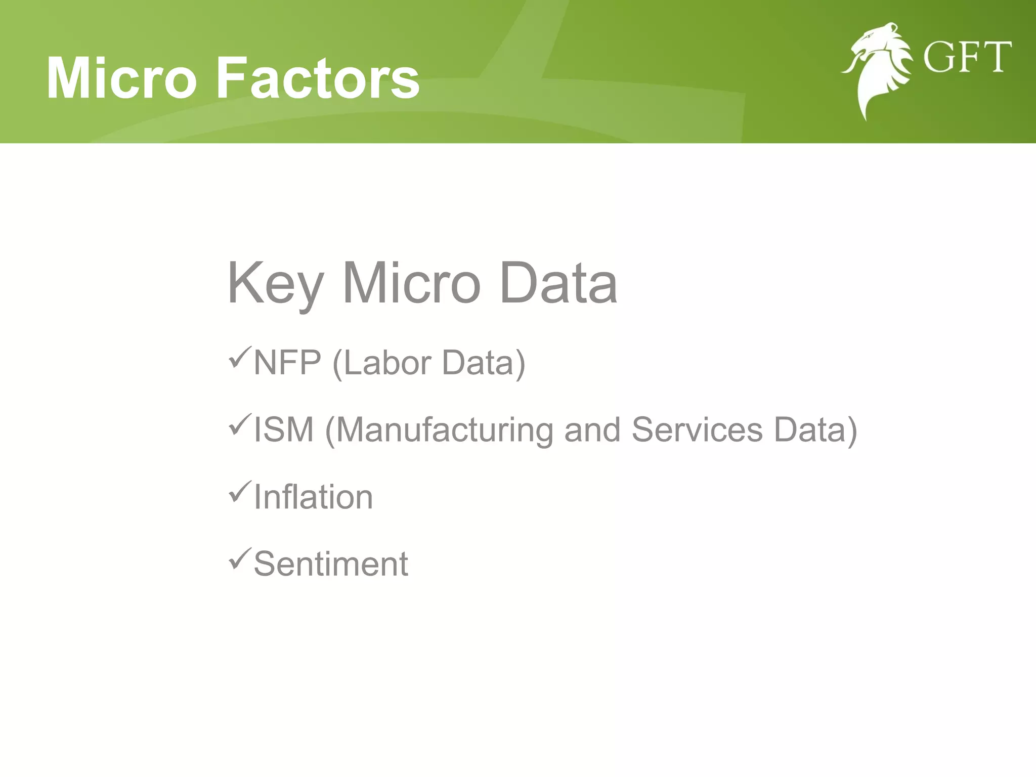 Micro Factors Key Micro Data  NFP (Labor Data) ISM (Manufacturing and Services Data) Inflation  Sentiment  