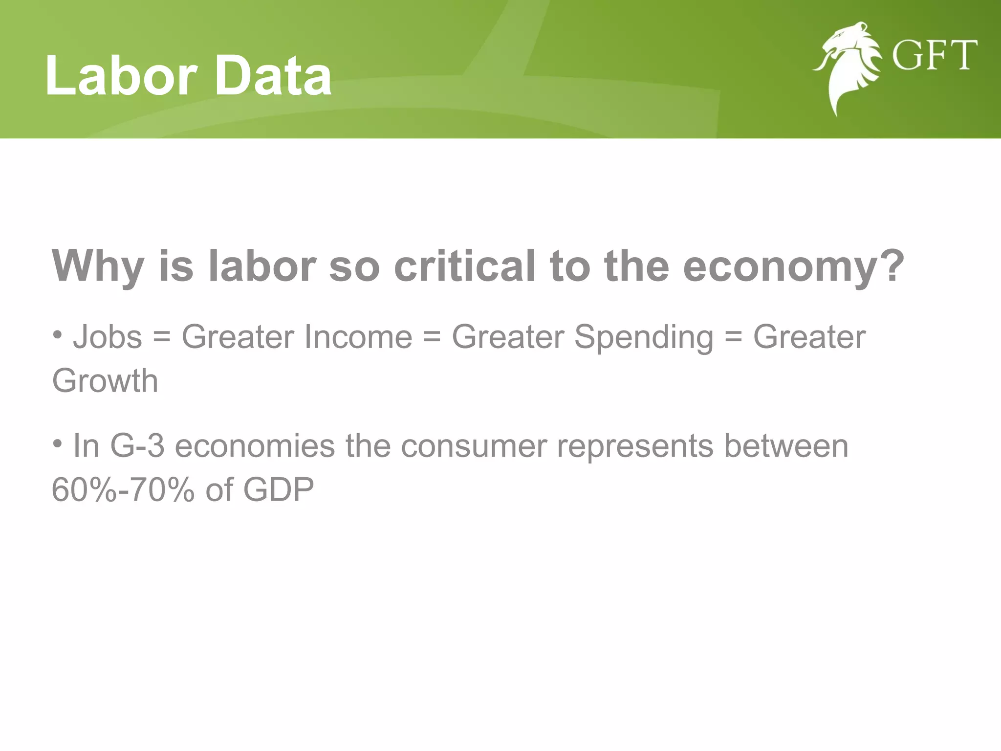Labor Data Why is labor so critical to the economy? Jobs = Greater Income = Greater Spending = Greater Growth In G-3 economies the consumer represents between 60%-70% of GDP 