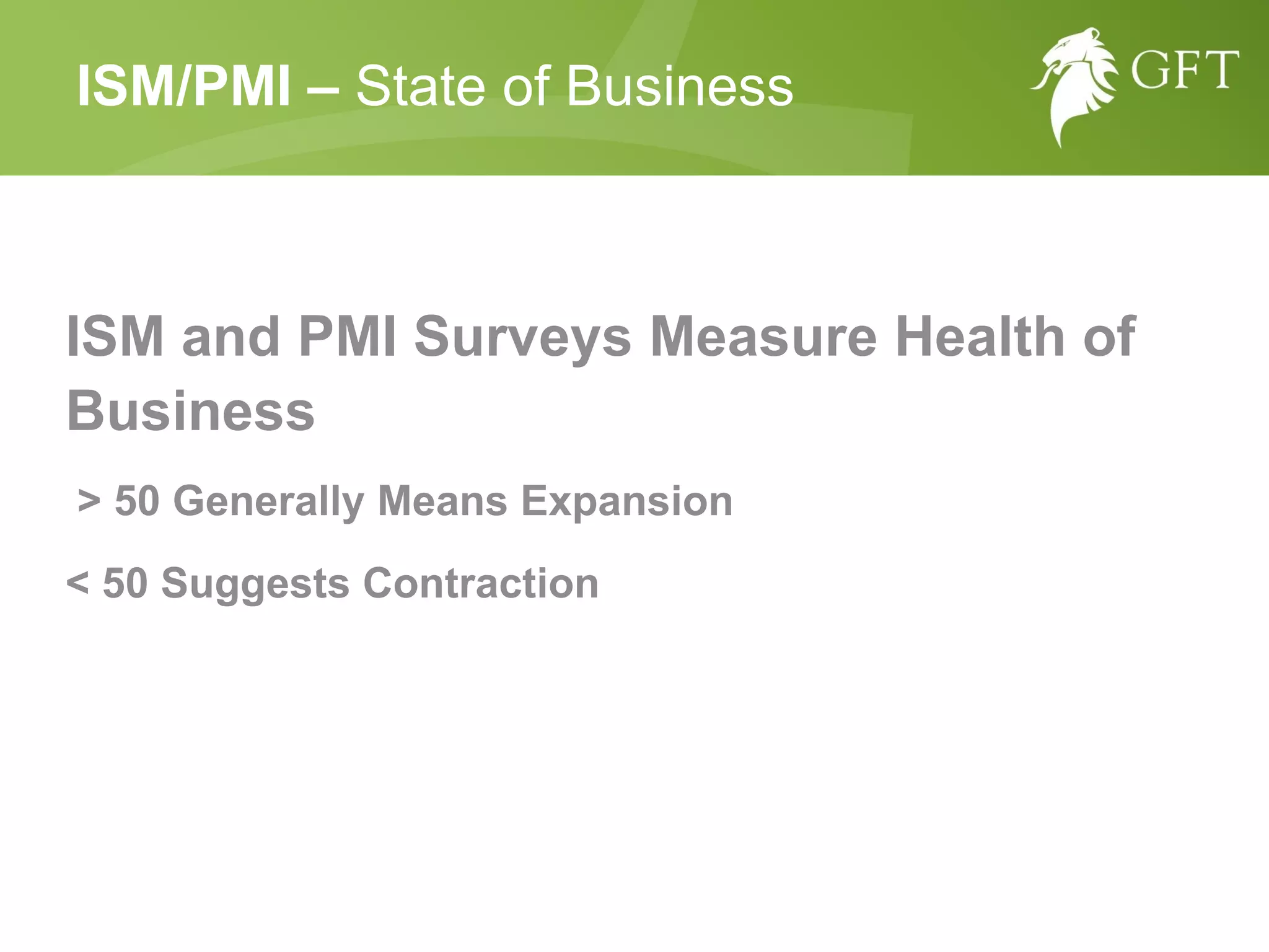 ISM and PMI Surveys Measure Health of Business > 50 Generally Means Expansion  < 50 Suggests Contraction  ISM/PMI –  State of Business 