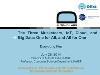 The Three Musketeers, IoT, Cloud, and
Big Data: One for All, and All for One
Daeyoung Kim
July 29, 2014
Director of Auto-ID Labs, KAIST
Professor, Computer Science Department, KAIST
kimd@kaist.ac.kr http://resl.kaist.ac.kr http://autoidlabs.org
http://autoidlab.kaist.ac.kr http://oliot.org
 