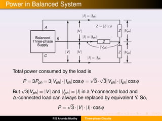 Power in Balanced System
A
B
C
Balanced
Three-phase
Supply
Total power consumed by the load is
P = 3Pph = 3|Vph|·|Iph|cosφ =
√
3·
√
3|Vph|·|Iph|cosφ
But
√
3|Vph| = |V| and |Iph| = |I| in a Y-connected load and
∆-connected load can always be replaced by equivalent Y. So,
P =
√
3·|V|·|I|·cosφ
R S Ananda Murthy Three-phase Circuits
 