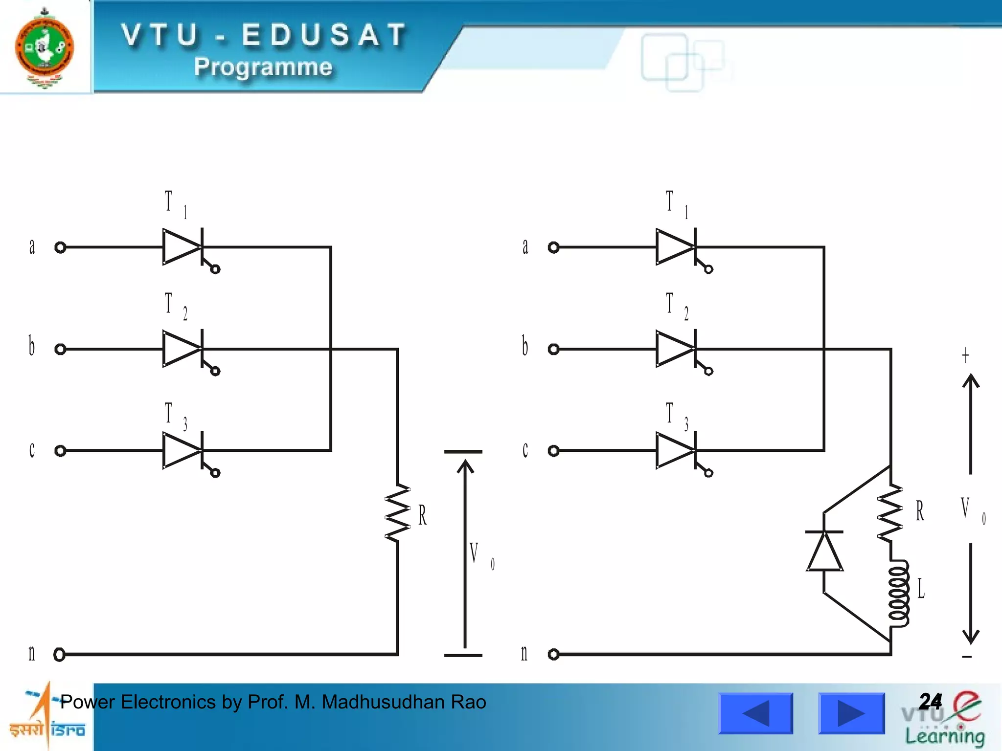 Power Electronics by Prof. M. Madhusudhan Rao 2424
a a
b b
c c
R
V 0
L
R V 0
+
−
T 1
T 2
T 3
n n
T 1
T 2
T 3
 