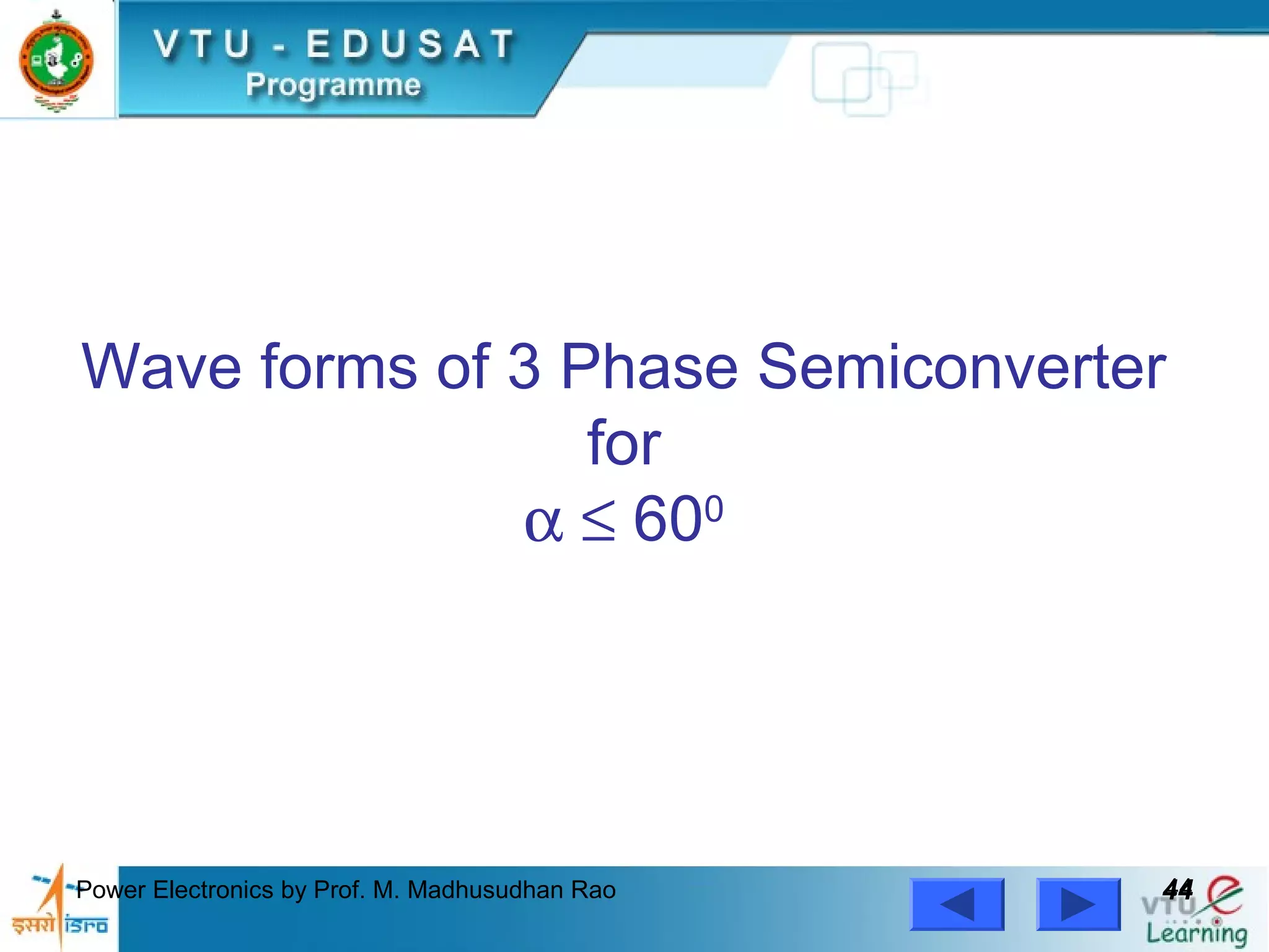 Power Electronics by Prof. M. Madhusudhan Rao 4444
Wave forms of 3 Phase Semiconverter
for
α ≤ 600
 