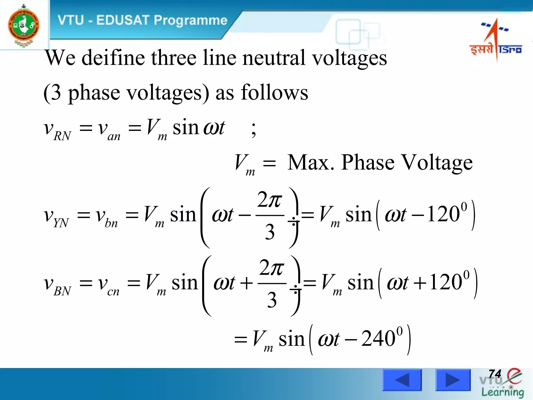 Power Electronics by Prof. M. Madhusudhan Rao 7474
( )
( )
( )
0
0
0
We deifine three line neutral voltages
(3 phase voltages) as follows
sin ;
Max. Phase Voltage
2
sin sin 120
3
2
sin sin 120
3
sin 240
RN an m
m
YN bn m m
BN cn m m
m
v v V t
V
v v V t V t
v v V t V t
V t
ω
π
ω ω
π
ω ω
ω
= =
=
 
= = − = − ÷
 
 
= = + = + ÷
 
= −
 