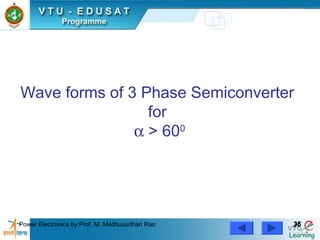 Power Electronics by Prof. M. Madhusudhan Rao 3636
Wave forms of 3 Phase Semiconverter
for
α > 600
 