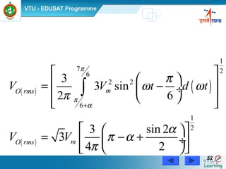 Power Electronics by Prof. M. Madhusudhan Rao 5252
( ) ( )
( )
1
7 26
2 2
6
1
2
3
3 sin
2 6
3 sin 2
3
4 2
mO rms
mO rms
V V t d t
V V
π
π
α
π
ω ω
π
α
π α
π
+
 
  = − ÷
  
 
  
= − + ÷ 
  
∫
 