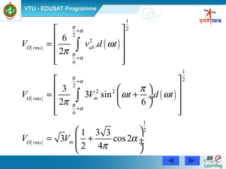 Power Electronics by Prof. M. Madhusudhan Rao 6868
( ) ( )
( ) ( )
( )
1
2
2
2
6
1
2
2
2 2
6
1
2
6
.
2
3
3 sin .
2 6
1 3 3
3 cos2
2 4
abO rms
mO rms
mO rms
V v d t
V V t d t
V V
π
α
π
α
π
α
π
α
ω
π
π
ω ω
π
α
π
+
+
+
+
 
 
=  
  
 
  
= + ÷  
  
 
= + ÷ ÷
 
∫
∫
 