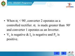 Power Electronics by Prof. M. Madhusudhan Rao 8787
• When α2 < 900
, converter 2 operates as a
controlled rectifier. α1 is made greater than 900
and converter 1 operates as an Inverter.
• Vdc is negative & Idc is negative and Pdc is
positive.
 
