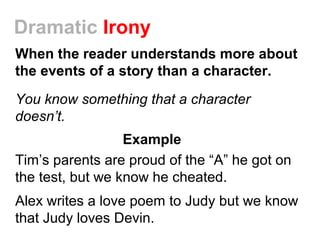 Dramatic Irony
When the reader understands more about
the events of a story than a character.
You know something that a character
doesn’t.
Example
Tim’s parents are proud of the “A” he got on
the test, but we know he cheated.
Alex writes a love poem to Judy but we know
that Judy loves Devin.
 