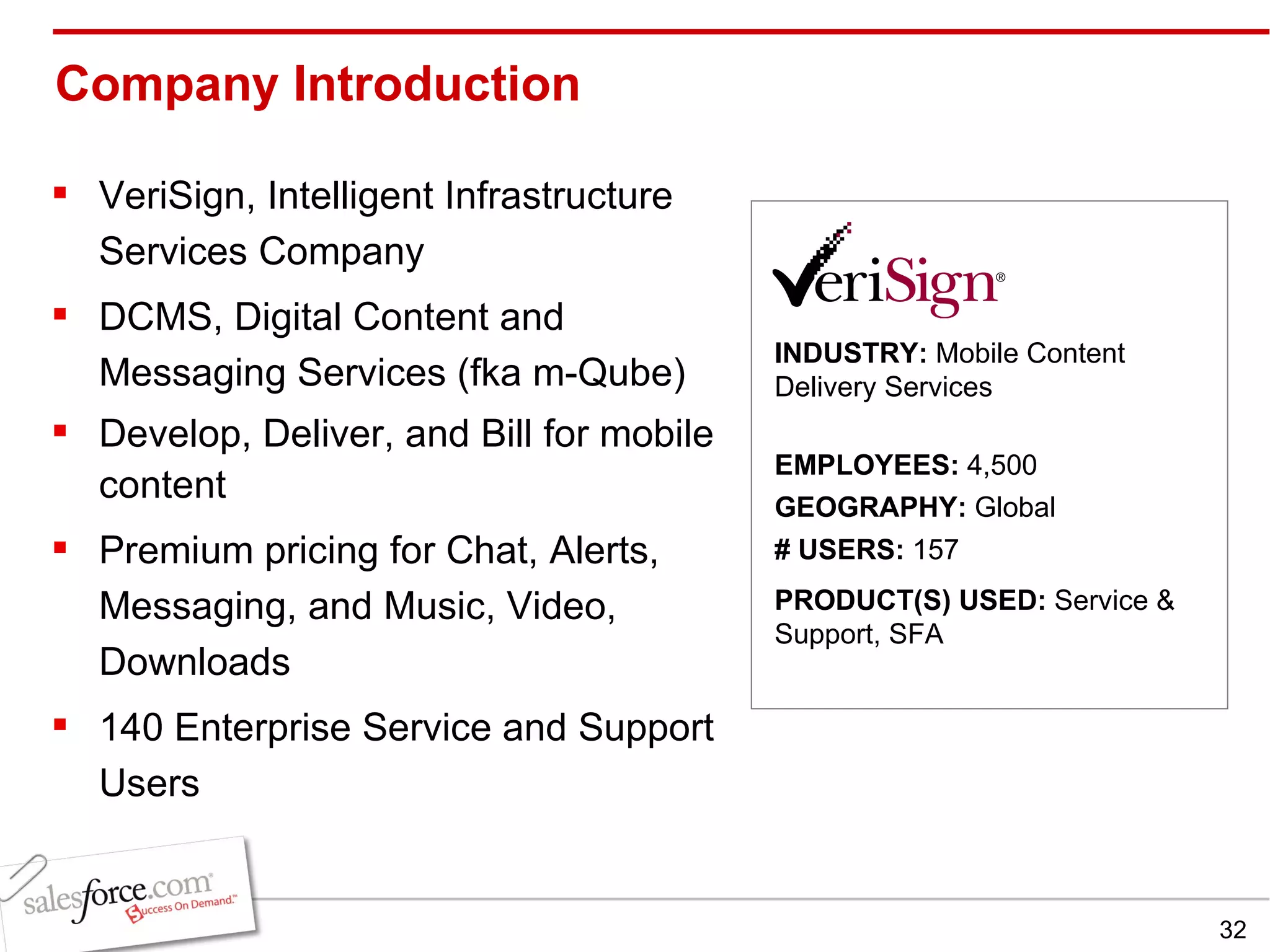 Company Introduction VeriSign, Intelligent Infrastructure Services Company DCMS, Digital Content and Messaging Services (fka m-Qube) Develop, Deliver, and Bill for mobile content Premium pricing for Chat, Alerts,  Messaging, and Music, Video, Downloads 140 Enterprise Service and Support Users INDUSTRY:  Mobile Content Delivery Services EMPLOYEES:  4,500 GEOGRAPHY:  Global PRODUCT(S) USED:  Service & Support, SFA # USERS:  157 