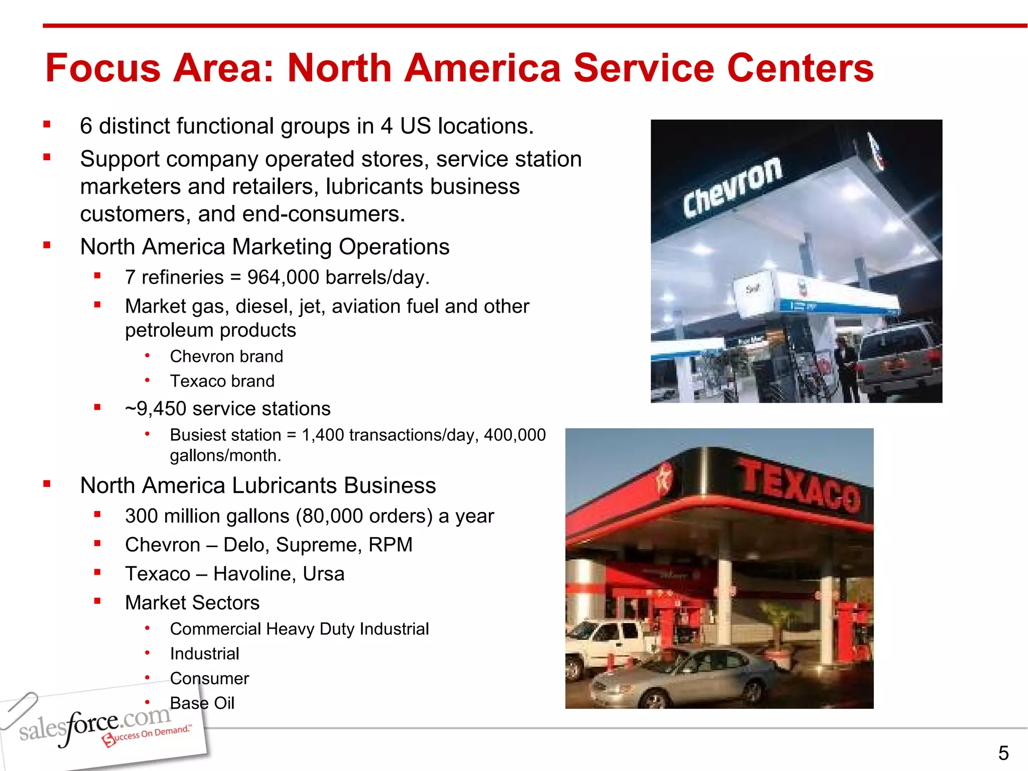 Focus Area: North America Service Centers  6 distinct functional groups in 4 US locations. Support company operated stores, service station marketers and retailers, lubricants business customers, and end-consumers.  North America Marketing Operations 7 refineries = 964,000 barrels/day. Market gas, diesel, jet, aviation fuel and other petroleum products  Chevron brand Texaco brand ~9,450 service stations Busiest station = 1,400 transactions/day, 400,000 gallons/month. North America Lubricants Business 300 million gallons (80,000 orders) a year Chevron – Delo, Supreme, RPM Texaco – Havoline, Ursa Market Sectors Commercial Heavy Duty Industrial Industrial Consumer Base Oil 