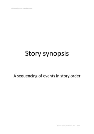 Story synopsis<br />A sequencing of events in story order<br />Three Act Structure<br />BEGINNING<br />The “Set-up”...<br />...in which the characters, the dramatic premise, the situation and the relationship between the protagonist and other people who inhabit the landscape of his/her world are all established.<br />Thinking Of YouGenre:  DramaSetting (Time & Place):  The Mary Stanford Lifeboat House, Winchelsea Beach, Rye,                                             20th November 1928 (date subject to change)Main Character:  Eliza, 20 years old, could possibly have a young child (to be confirmed)A young woman makes her way to the shore tailed by her child. She’s dressed in black and clutches a bouquet of flowers.  The sea is rough and sky, cloudy. Behind her stands the lifeboat house, the structure that launched the boat that her husband was onboard five days prior. <br />Three Act Structure<br />MIDDLE<br />The “Confrontation/Development”...<br />...in which the protagonist encounters obstacles that keep him from achieving his dramatic need.<br />Want:  Her husband/boyfriendNeed:  To say goodbye and move onObligation:  To pay her respects Opposition: She loves him and can’t let him goCatalyst for change: Her child releases its toy boat into the oceanShe gently pulls out a photo which depicts a headshot of a young man. Along with the picture, she grips a folded letter which she then unfolds. It reads “killed in action”. She then takes a flower out of the bunch and plucks each petal, dropping them into the waves. Her child places its boat into the water and they both watch it drift out to sea.She kisses the top of its head and walks toward the lifeboat house. There, she places her flowers and a note “thinking of you”.<br />Three Act Structure<br />END<br />The “Resolution”...<br />...in which the conflict is resolved and obstacle(s) surmounted.<br />Climax:  ‘Seeing him’ by the lifeboat house.Resolution:  She finally accepts that she needs to move on.Audience Reaction/ theme:  Grief/acceptance Upon their departure through the fields, she turns back to see him leaning against the lifeboat house, waving at her. She smiles warmly, even if she is a little started and with teary eyes, blows him a kiss. The sun breaks through the clouds and she allows herself to move on knowing that he hasn’t vanished completely.<br />