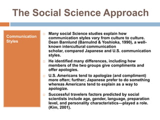 The Social Science ApproachCommunication StylesMany social Science studies explain how communication styles vary from culture to culture. Dean Barnlund (Barnulnd & Yoshioka, 1990), a well-known intercultural communication scholar, compared Japanese and U.S. communication styles.He identified many differences, including how members of the two groups give compliments and offer apologies. U.S. Americans tend to apologize (and compliment) more often; further; Japanese prefer to do something whereas Americans tend to explain as a way to apologize.Successful travelers factors predicted by social scientists include age, gender, language, preparation level, and personality characteristics—played a role. (Kim, 2001).