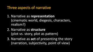 Three aspects of narrative
1. Narrative as representation
(cinematic world, diegesis, characters,
realism?)
2. Narrative as structure
(plot vs. story, plot as pattern)
3. Narrative as act of presenting the story
(narration, subjectivity, point of view)
 