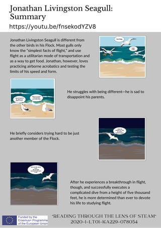 Jonathan Livingston Seagull:
Summary
"READING THROUGH THE LENS OF STEAM"
2020-1-LT01-KA229-078054
Jonathan Livingston Seagull is different from
the other birds in his Flock. Most gulls only
know the “simplest facts of flight,” and use
flight as a utilitarian mode of transportation and
as a way to get food. Jonathan, however, loves
practicing airborne acrobatics and testing the
limits of his speed and form.
He struggles with being different—he is sad to
disappoint his parents.
He briefly considers trying hard to be just
another member of the Flock.
After he experiences a breakthrough in flight,
though, and successfully executes a
complicated dive from a height of five thousand
feet, he is more determined than ever to devote
his life to studying flight.
https://youtu.be/fnsekodYZV8
 