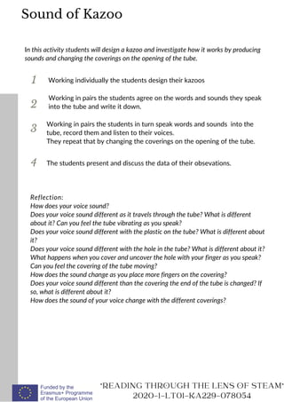 1
In this activity students will design a kazoo and investigate how it works by producing
sounds and changing the coverings on the opening of the tube.
Working individually the students design their kazoos
2
3
Working in pairs the students agree on the words and sounds they speak
into the tube and write it down.
READING THROUGH THE LENS OF STEAM
2020-1-LT01-KA229-078054
Working in pairs the students in turn speak words and sounds into the
tube, record them and listen to their voices.
They repeat that by changing the coverings on the opening of the tube.
Sound of Kazoo
Reflection:
How does your voice sound?
Does your voice sound different as it travels through the tube? What is different
about it? Can you feel the tube vibrating as you speak?
Does your voice sound different with the plastic on the tube? What is different about
it?
Does your voice sound different with the hole in the tube? What is different about it?
What happens when you cover and uncover the hole with your finger as you speak?
Can you feel the covering of the tube moving?
How does the sound change as you place more fingers on the covering?
Does your voice sound different than the covering the end of the tube is changed? If
so, what is different about it?
How does the sound of your voice change with the different coverings?
The students present and discuss the data of their obsevations.
4
 