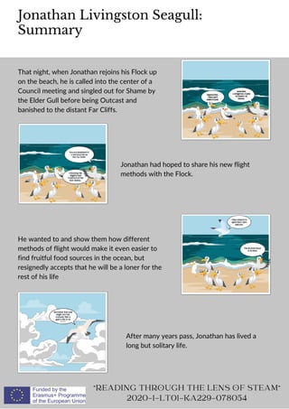 Jonathan Livingston Seagull:
Summary
"READING THROUGH THE LENS OF STEAM"
2020-1-LT01-KA229-078054
That night, when Jonathan rejoins his Flock up
on the beach, he is called into the center of a
Council meeting and singled out for Shame by
the Elder Gull before being Outcast and
banished to the distant Far Cliffs.
Jonathan had hoped to share his new flight
methods with the Flock.
He wanted to and show them how different
methods of flight would make it even easier to
find fruitful food sources in the ocean, but
resignedly accepts that he will be a loner for the
rest of his life
After many years pass, Jonathan has lived a
long but solitary life.
 