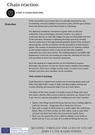 Chain reaction
START A CHAIN REACTION
Overview
Gather a few things around the house that you have a feeling might be
useful for this task – things that roll or things that fall over.
Start with a couple of LEGO bricks or a similar object like small wood
blocks. Place 2 of them so they are their tallest, close to each other
and push one brick that makes the second brick tumble down.
Next, you can expand the chain a little by adding 2 more bricks or
blocks and see if you can make all 4 tumble by hitting the first one.
If this mechanism occurs faster than it is naturally quenched by ions
recombining, new ions multiply in successive cycles until the gas is broken
down into plasma and current flows freely in a discharge.
The dielectric breakdown mechanism in gases relies on electron
avalanches. Corona discharges, streamers, leaders, or a spark or
continuous electric arc that fully bridges the gap are all possible outcomes
of the operation. Streamers in lightning discharge spread by forming
electron avalanches in the high potential gradient ahead of the streamers'
advancing tips, and this mechanism has the potential to extend massive
sparks. The creation of photoelectrons induced by UV radiation emitted
by the excited medium's atoms in the aft-tip field often amplifies
avalanches once they have started. The resulting plasma's incredibly high
temperature cracks the surrounding gas molecules, allowing the free ions
and recombine to form new chemical compounds.
Since the passing of a single particle can be intensified to massive
discharges, the process can also be used to detect radiation that initiates
the process. This is how a Geiger counter works, as well as how a spark
chamber and other wire chambers can be visualized.
Chain reaction in Sociology
Chain Reaction is a playful and creative way to learning about cause and
effect that helps build a range of skills, including problem solving and
creative thinking and teamwork skills if you do it with others.
The object of the chain reaction is to build a series of things that move
and create a domino effect across a table (or wherever you choose to set
it up). Here is a step by step guide for creating your own chain reaction!
READING THROUGH THE LENS OF STEAM
2020-1-LT01-KA229-078054
 