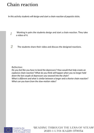 1
In this activity students will design and start a chain reaction of popsicle sticks.
Working in pairs the students design and start a chain reaction. They take
a video of it.
2 The students share their video and discuss the designed reactions.
READING THROUGH THE LENS OF STEAM
2020-1-LT01-KA229-078054
Chain reaction
Reflection:
Do you feel like you have to bend the depressors? How would that help create an
explosive chain reaction? What do you think will happen when you no longer hold
down the last couple of depressors you weaved into the chain?
What is different and what is similar between a longer and a shorter chain reaction?
What can you learn from the slow-motion video?
 