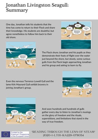 Jonathan Livingston Seagull:
Summary
"READING THROUGH THE LENS OF STEAM"
2020-1-LT01-KA229-078054
One day, Jonathan tells his students that the
time has come to return to their Flock and share
their knowledge. His students are doubtful, but
agree nonetheless to follow him back to their
old shore.
The Flock shuns Jonathan and his pupils as they
demonstrate their feats of flight over the water
just beyond the shore, but slowly, some curious
gulls from the Flock begin approaching Jonathan
and his group and asking to learn to fly.
Even the nervous Terrence Lowell Gull and the
lame Kirk Maynard Gull exhibit bravery in
joining Jonathan’s group.
And soon hundreds and hundreds of gulls
gather every day to listen to Jonathan’s musings
on the glory of freedom and the rituals,
superstitions, and limitations that stand in the
way of true freedom.
 