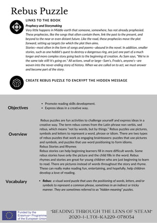 Rebus Puzzle
CREATE REBUS PUZZLE TO ENCRYPT THE HIDDEN MESSAGE
LINKS TO THE BOOK
Prophecy and Storymaking
Very little happens in Middle-earth that someone, somewhere, has not already prophesied.
These prophecies, like the songs that often contain them, link the past to the present, and
beyond to the near or even distant future. Like the road, these prophecies move the plot
forward, setting up targets for which the plot then aims.
Stories—most often in the form of songs and poems—abound in the novel. In addition, smaller
stories, such as one hobbit's quest to destroy a dangerous ring, are just one part of a much
longer and more complex story going back to the beginning of creation. As Sam says, We're in
the same tale still! It's going on. All actions, small or large—Sam's, Frodo's, anyone's—are
woven into the never-ending story of history. When we are called on to act, we must answer
and become part of the story.
Objectives
Overview
Vocabulary
Promote reading skills development.
Express ideas in a creative way.
Rebus puzzles are fun activities to challenge yourself and express ideas in a
creative way. The term rebus comes from the Latin phrase non verbis, sed
rebus, which means “not by words, but by things.” Rebus puzzles use pictures,
symbols and letters to represent a word, phrase or idiom. There are two types
of rebus puzzles that work as engaging brainteasers: puzzles that use pictures
and symbols, and puzzles that use word positioning to form idioms.
Rebus Stories and Rhymes
Rebus stories can help beginning learners fill in more difficult words. Some
rebus stories have only the picture and the child fills in the word. Rebus
rhymes and stories are great for young children who are just beginning to learn
to read. There are pictures instead of words throughout the story and rhyme.
These can really make reading fun, entertaining, and hopefully, help children
develop a love of reading.
Rebus: a visual word puzzle that uses the positioning of words, letters, and/or
symbols to represent a common phrase, sometimes in an indirect or tricky
manner. They are sometimes referred to as “hidden meaning” puzzles.
READING THROUGH THE LENS OF STEAM
2020-1-LT01-KA229-078054
 