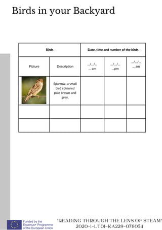 Birds Date, time and number of the birds
Picture Description
.../.../...
... am
.../.../...
...pm
.../.../...
... am
Sparrow, a small
bird coloured
pale brown and
grey.
"READING THROUGH THE LENS OF STEAM"
2020-1-LT01-KA229-078054
Birds in your Backyard
 