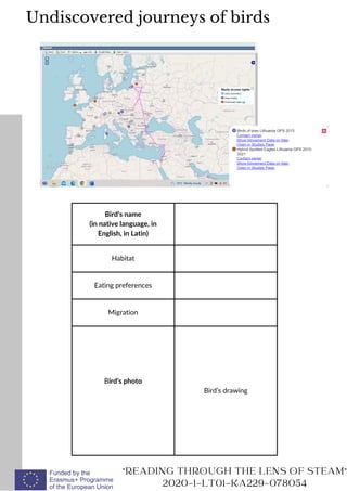 Bird’s name
(in native language, in
English, in Latin)
Habitat
Eating preferences
Migration
Bird’s photo
Bird’s drawing
"READING THROUGH THE LENS OF STEAM"
2020-1-LT01-KA229-078054
Undiscovered journeys of birds
 