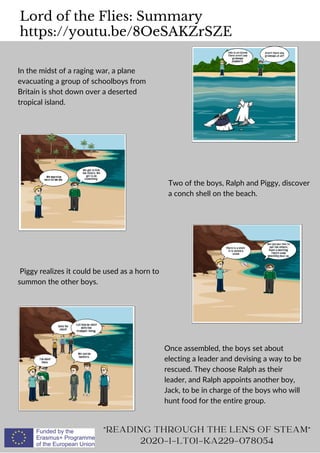 In the midst of a raging war, a plane
evacuating a group of schoolboys from
Britain is shot down over a deserted
tropical island.
Lord of the Flies: Summary
https://youtu.be/8OeSAKZrSZE
READING THROUGH THE LENS OF STEAM
2020-1-LT01-KA229-078054
Two of the boys, Ralph and Piggy, discover
a conch shell on the beach.
Piggy realizes it could be used as a horn to
summon the other boys.
Once assembled, the boys set about
electing a leader and devising a way to be
rescued. They choose Ralph as their
leader, and Ralph appoints another boy,
Jack, to be in charge of the boys who will
hunt food for the entire group.
 