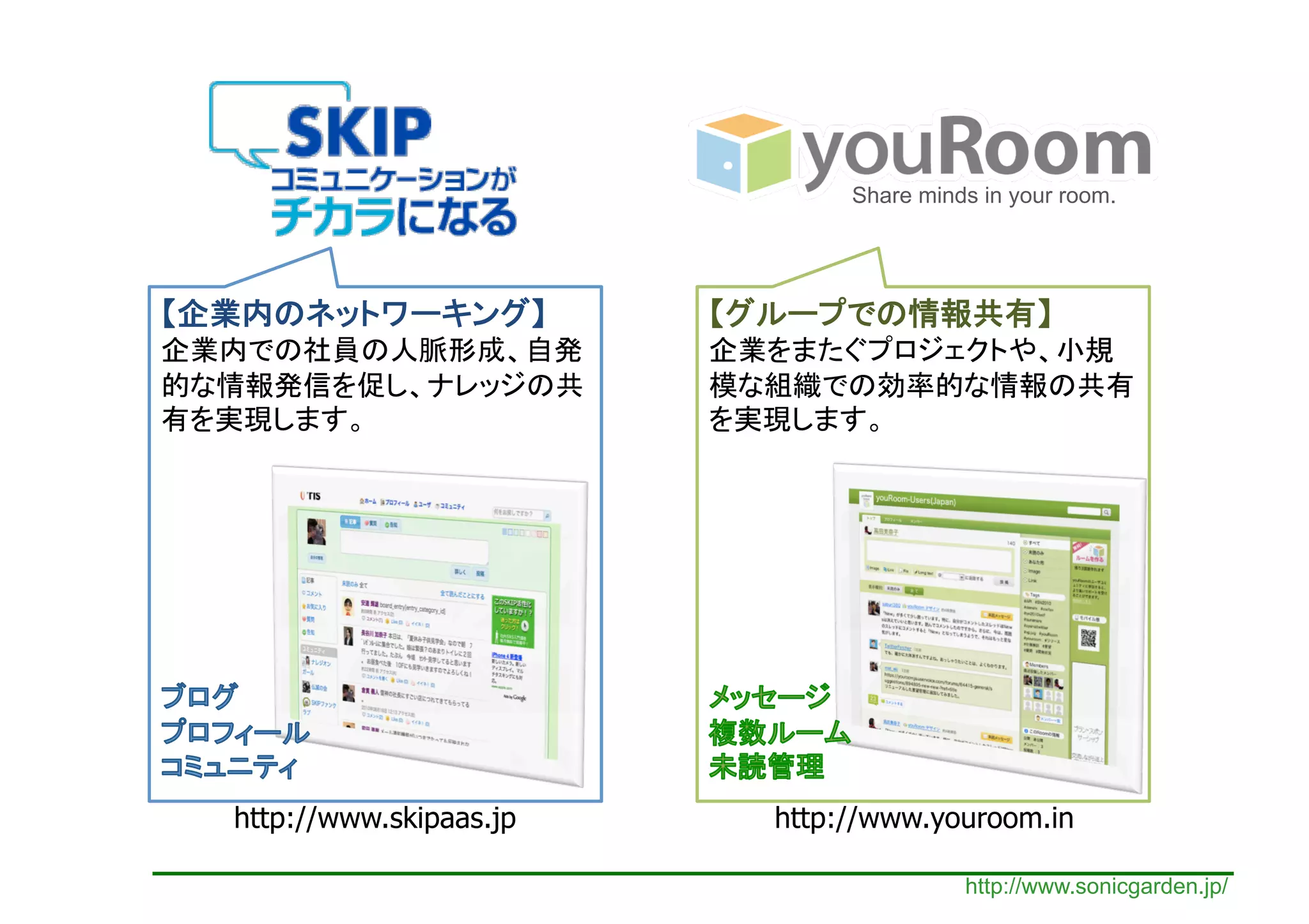 Share minds in your room.	




http://www.skipaas.jp   http://www.youroom.in

                                        http://www.sonicgarden.jp/
 
